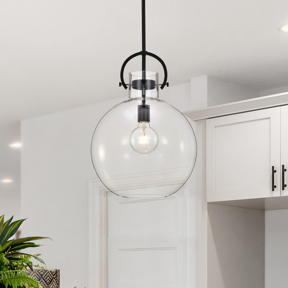 1-Light 14 in. Matte Black Pendant Light With Globe-shaped Clear Glass Shade