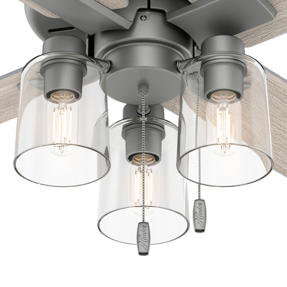Hunter 52" Pelston Ceiling Fan, Matte Silver With LED Light and Pull Chain