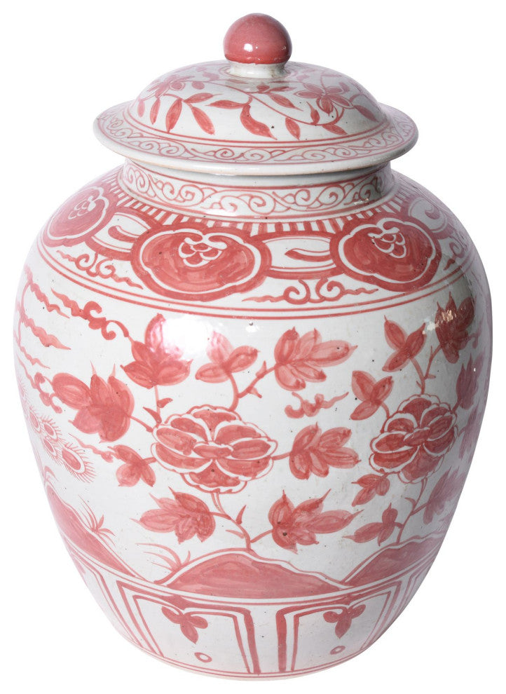 Coral Red Ginger Jar Bird Motif Large