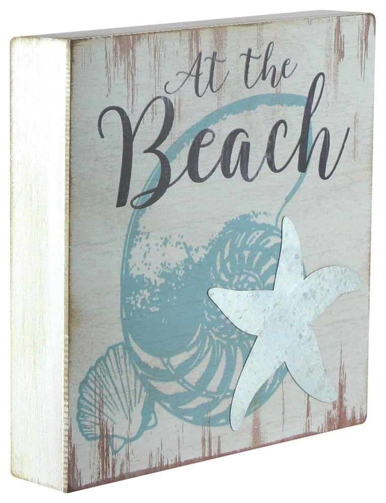 8" Blue and White "At the Beach" With Seashells Starfish Distressed Wall Plague