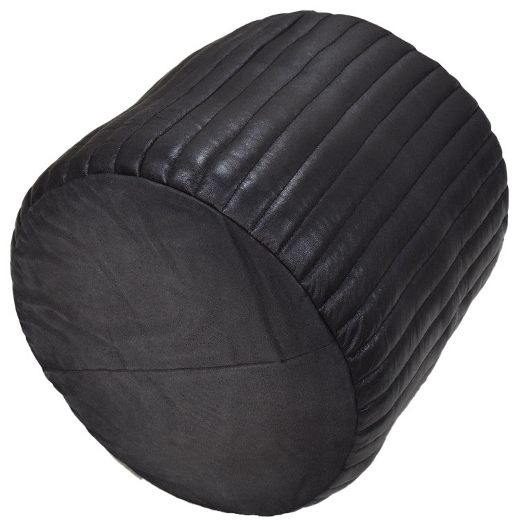 Poufs-Solid Handmade Goat Leather Pouf, Recycled Cotton Fill, Black, 14x14x14 Round.