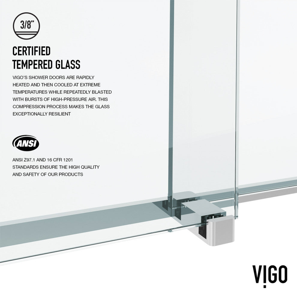 VIGO Houston Frameless Sliding, V-Motion, Chrome, Shower Door, 56" to 60" W X 76" H, Clear Glass