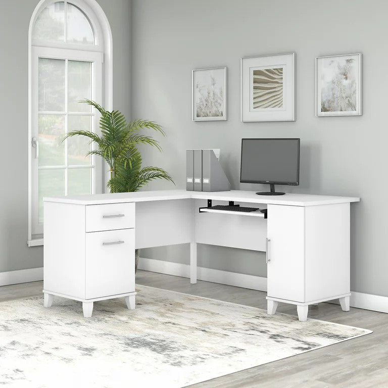 Transitional Desk, L-Shaped Design With Pull Keyboard Tray & Grommet, White