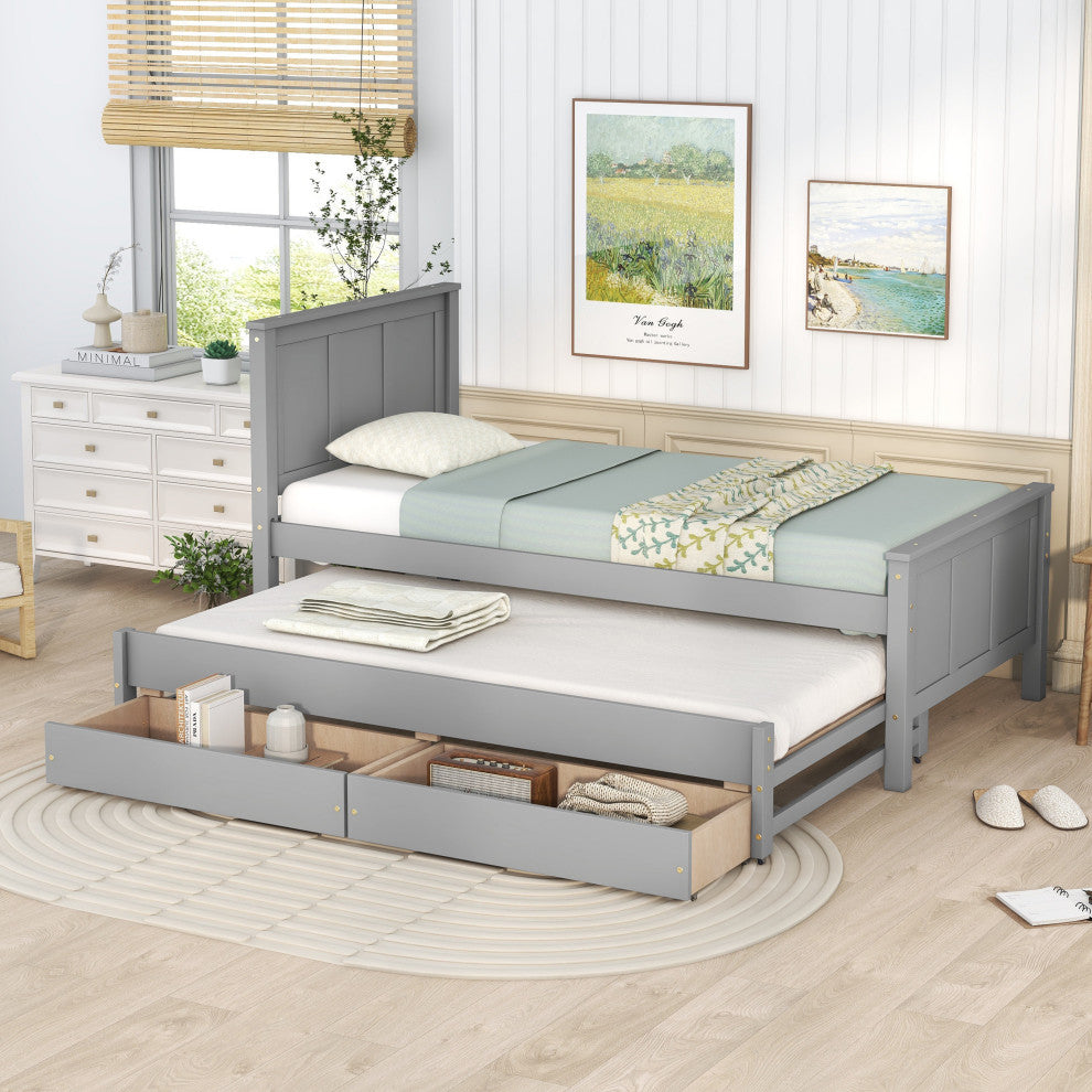 Gewnee Twin Size Platform Bed with Trundle and Drawers, Gray