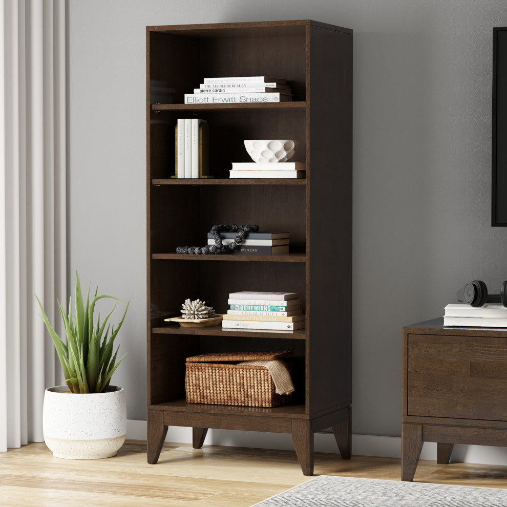 Harper Solid Hardwood 5 Shelf Bookcase, Walnut Brown