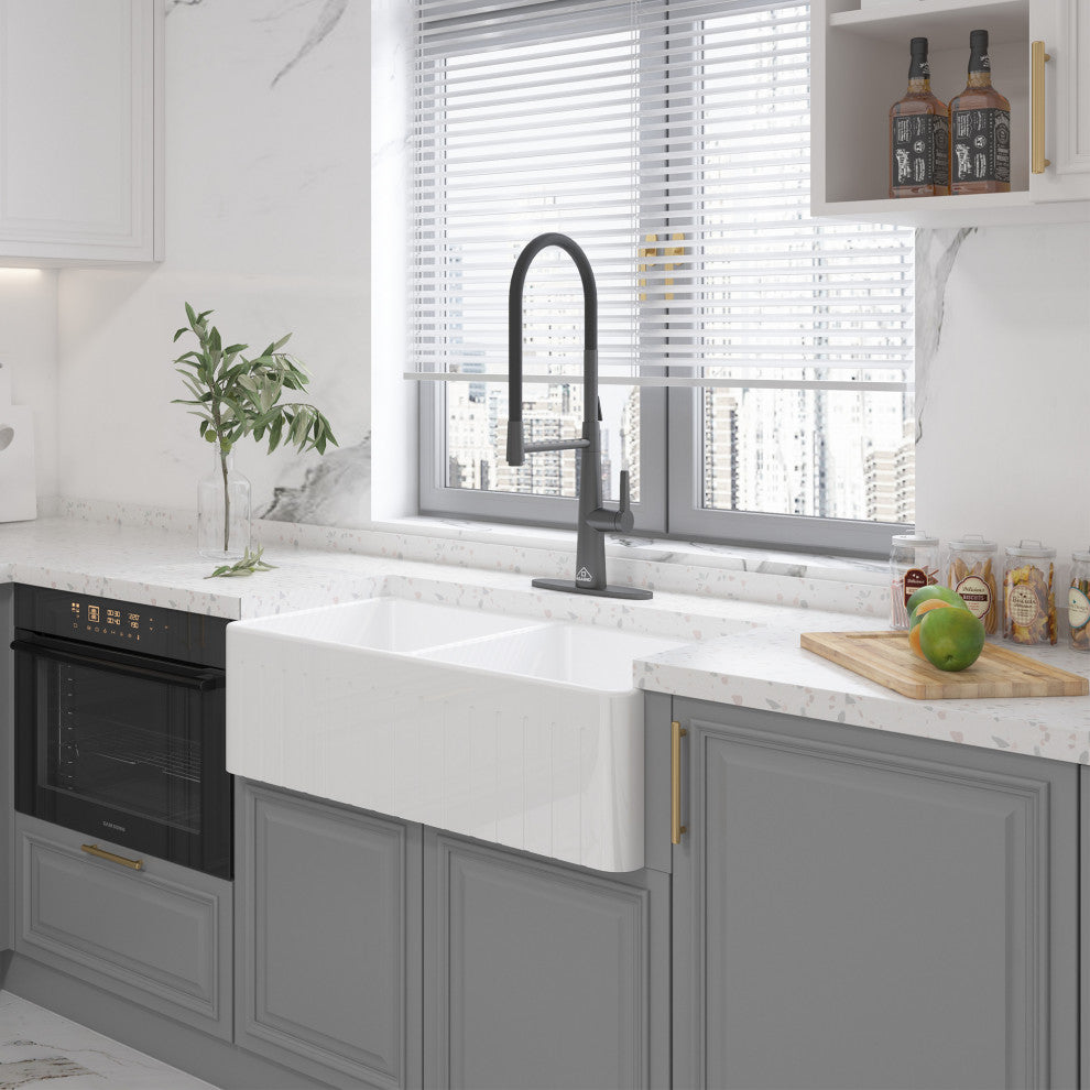 33in Double Bowl Fireclay Farmhouse Apron Kitchen Sink with Striped Design, Glossy White