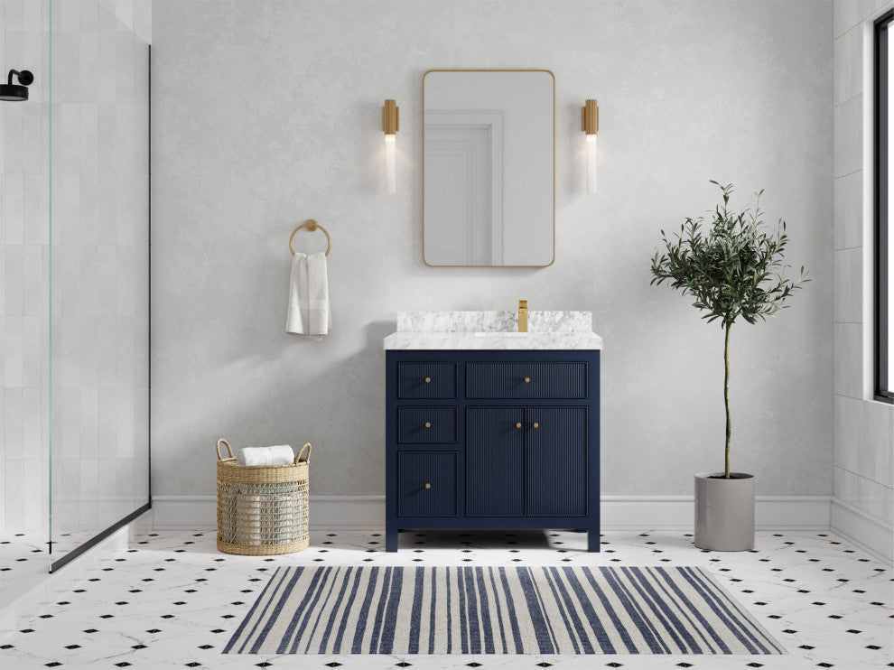 Sonoma 36 Right Offset Reeded  Bath Vanity in Hale Navy Blue 2" Carrara Marble