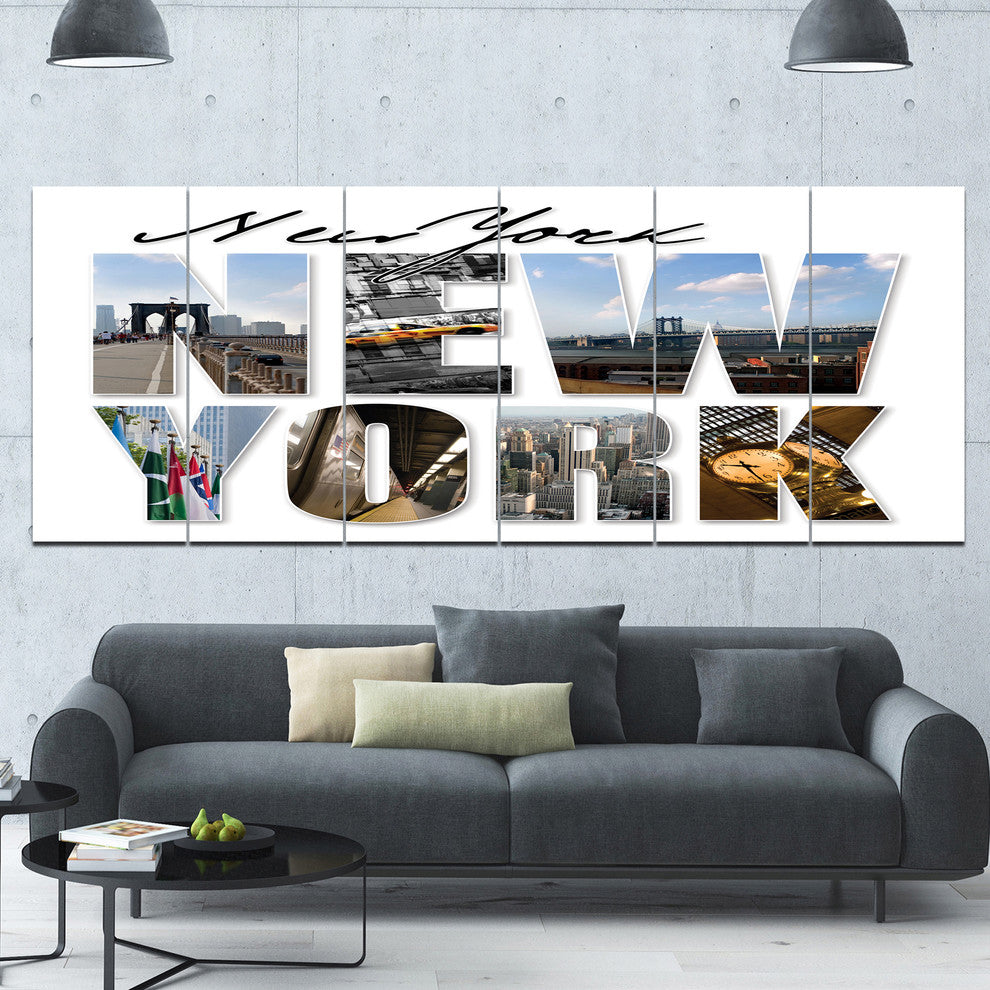 New York City Graphic Montage, Cityscape Canvas Art Print, 70"x28", 6 Panels