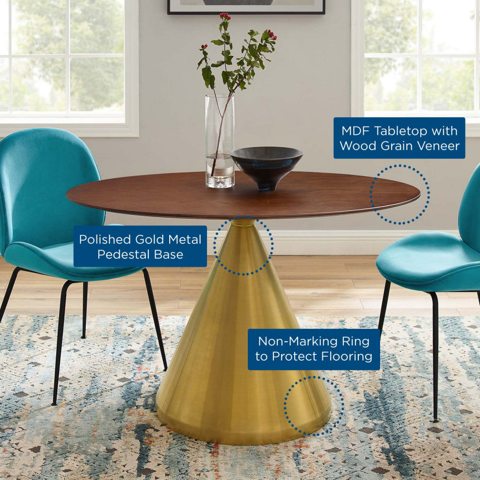 Dining Table, Oval, Wood, Metal, Gold Brown Brown Walnut, Cafe Bistro Restaurant