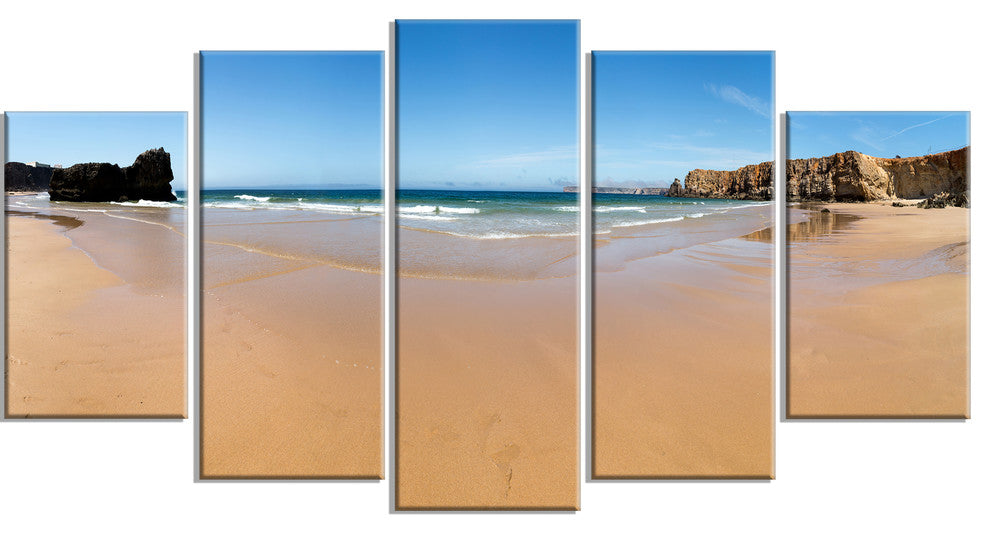 "Calm Sandy Coastline Panorama" Oversized Beach Wall Art, 5 Panels, 60"x32"