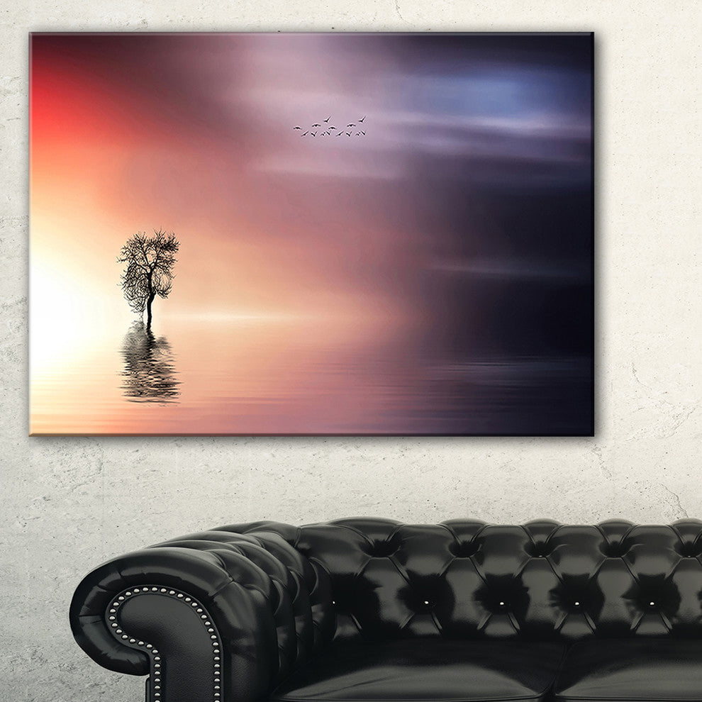 "Lonely Tree And Birds Panorama" Extra Large Wall Art Landscape, 40"x30"