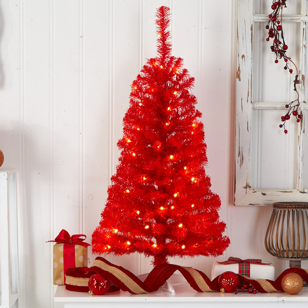 3' Red Artificial Christmas Tree With 50 LED Lights and 118 Bendable Branches