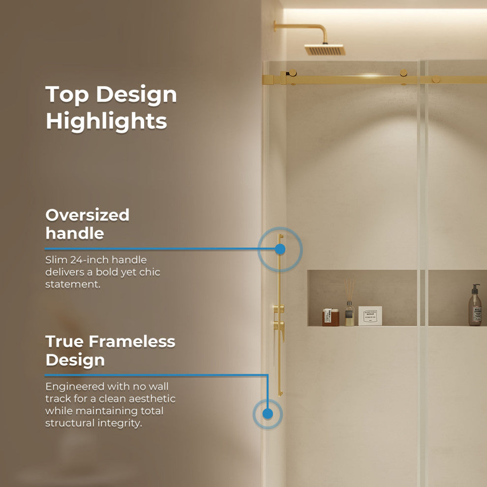 Selby Frameless Sliding Clear Alcove Shower Door, Brushed Gold, 48"
