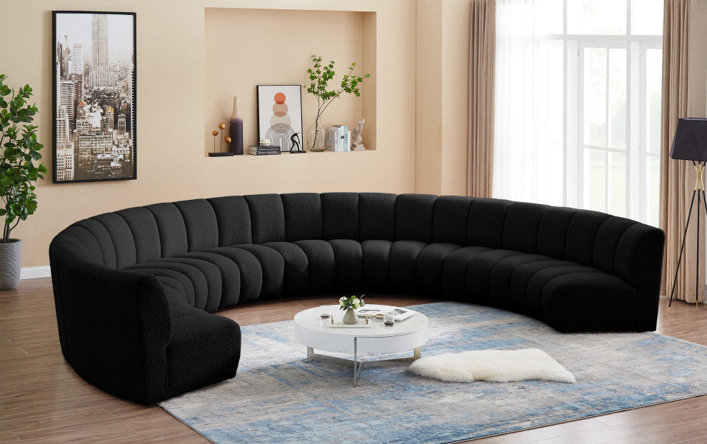 Infinity Black Boucle Fabric Upholstered Arc Shaped Modular Sectional, Black, 8-Piece, Arc-Shaped