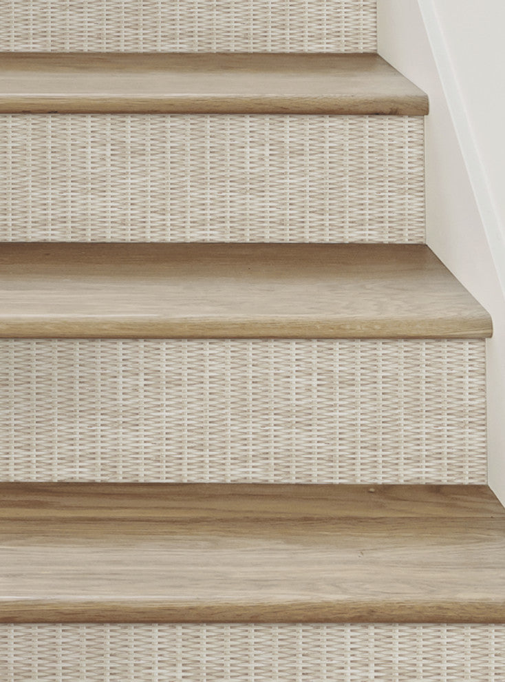 Rattan Weave Peel and Stick Stair Riser Strips, White Wash, 48"x7", Set of 6