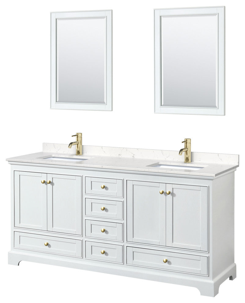 72"DBL Vanity White, Carrara Cult. Marble Top, Sinks, Gold Trim, 24"Mirrors