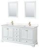72"DBL Vanity White, Carrara Cult. Marble Top, Sinks, Gold Trim, 24"Mirrors