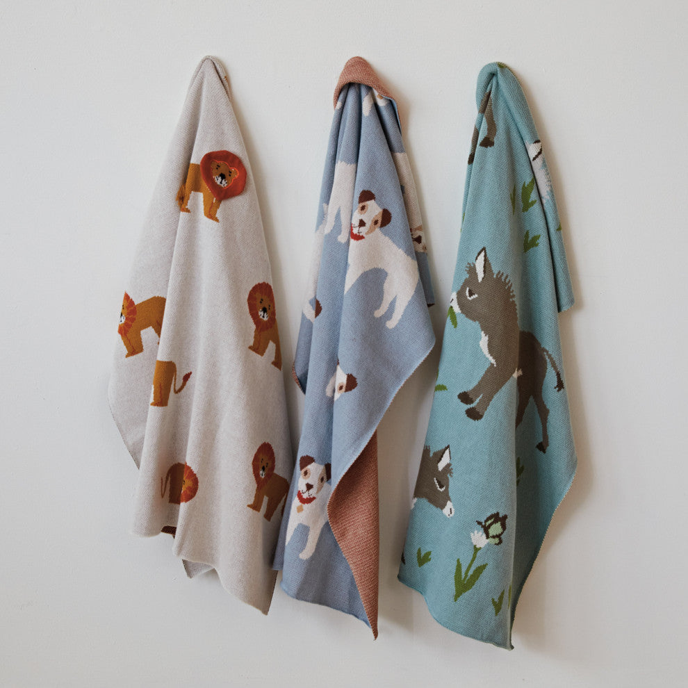 Cotton Knit Baby Blanket With Donkey Prints, Multicolor