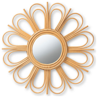 Modern Bohemian Natural Brown Rattan Accent Wall Mirror