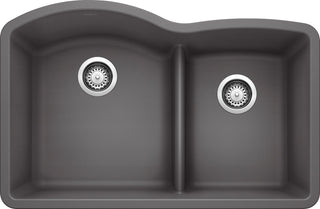 Blanco Diamond 32" X 20.9" Double Bowl Undermount 2-Hole Kitchen Sink, Cinder