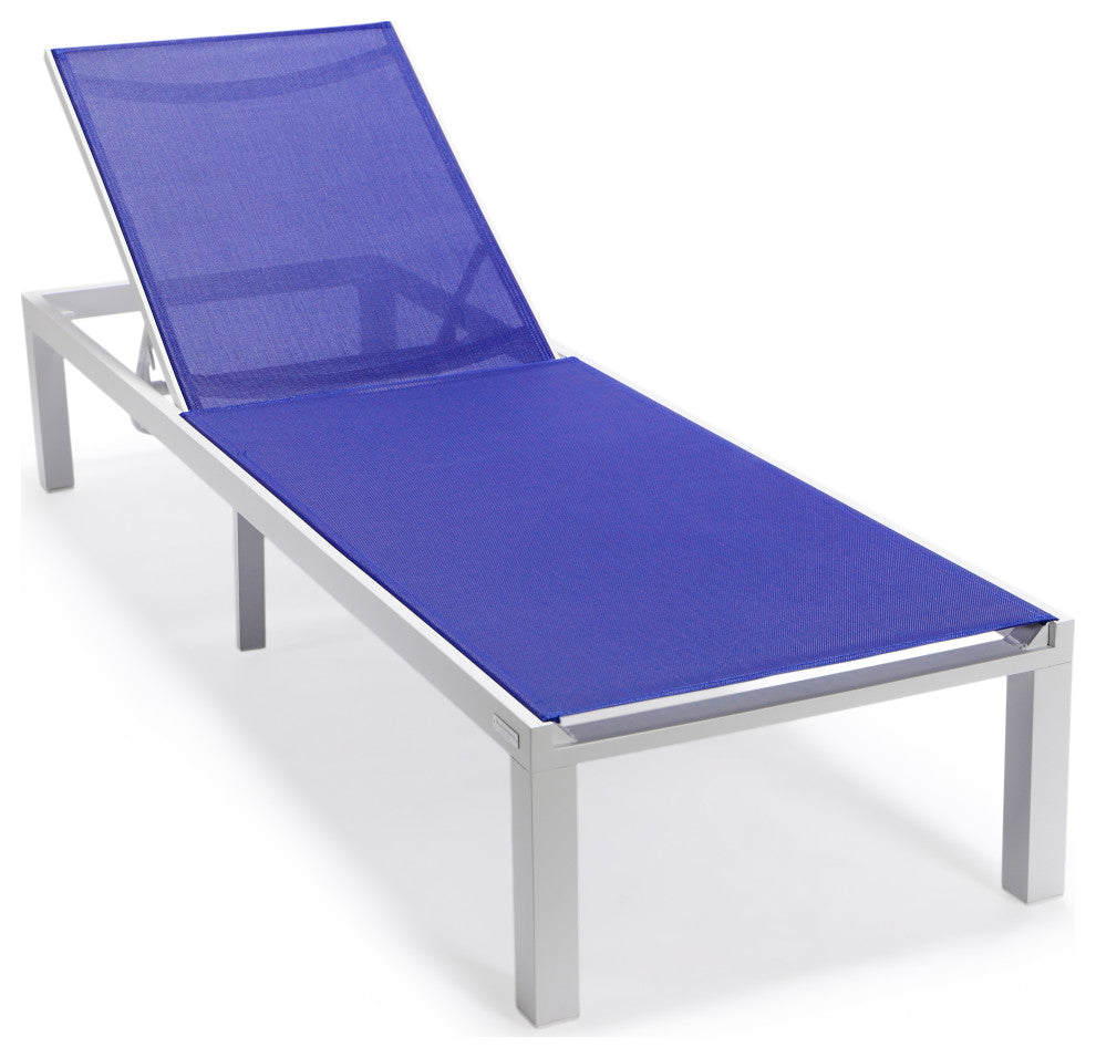 LeisureMod Marlin Patio Chaise Lounge Chair With White Frame, Navy Blue