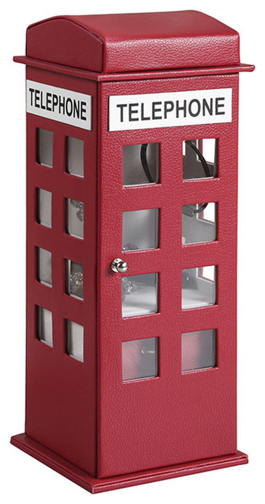 Benzara BM240353 Telephone Booth Jewelry Box With 2 Drawers, Burgundy Red