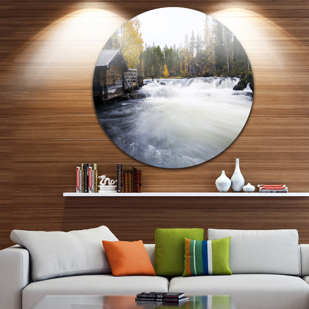 Flowing River And Aged Watermill, Landscape Disc Metal Artwork, 11"