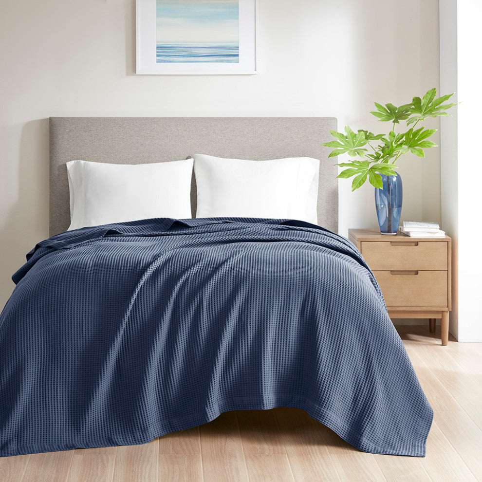 Beautyrest Cotton Waffle Weave Bedding Blanket, Indigo Blue