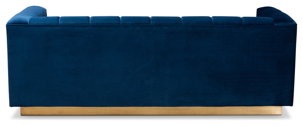 Joetta Glam and Luxe Navy Blue Velvet Fabric Upholstered Brushed Gold Sofa