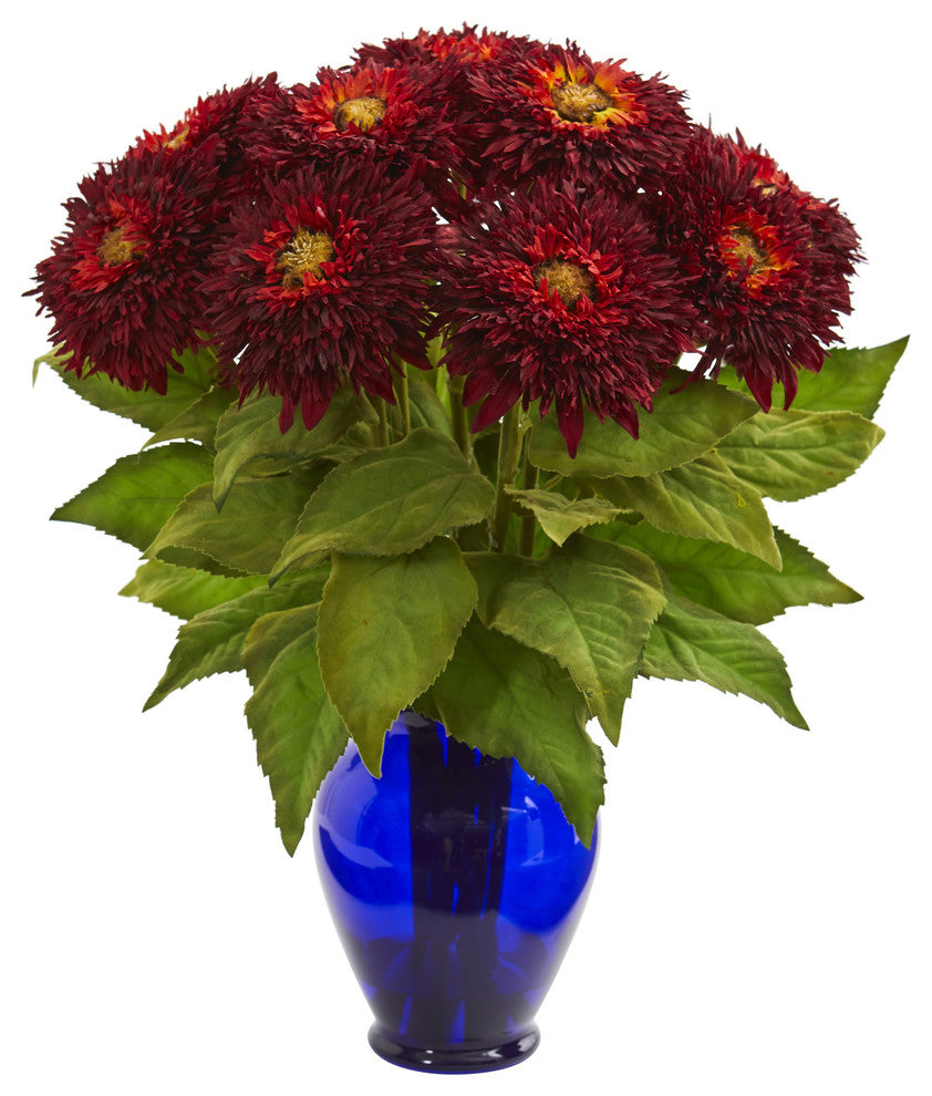 Nearly Natural Sunflower Artificial Arrangement in Blue Vase Red