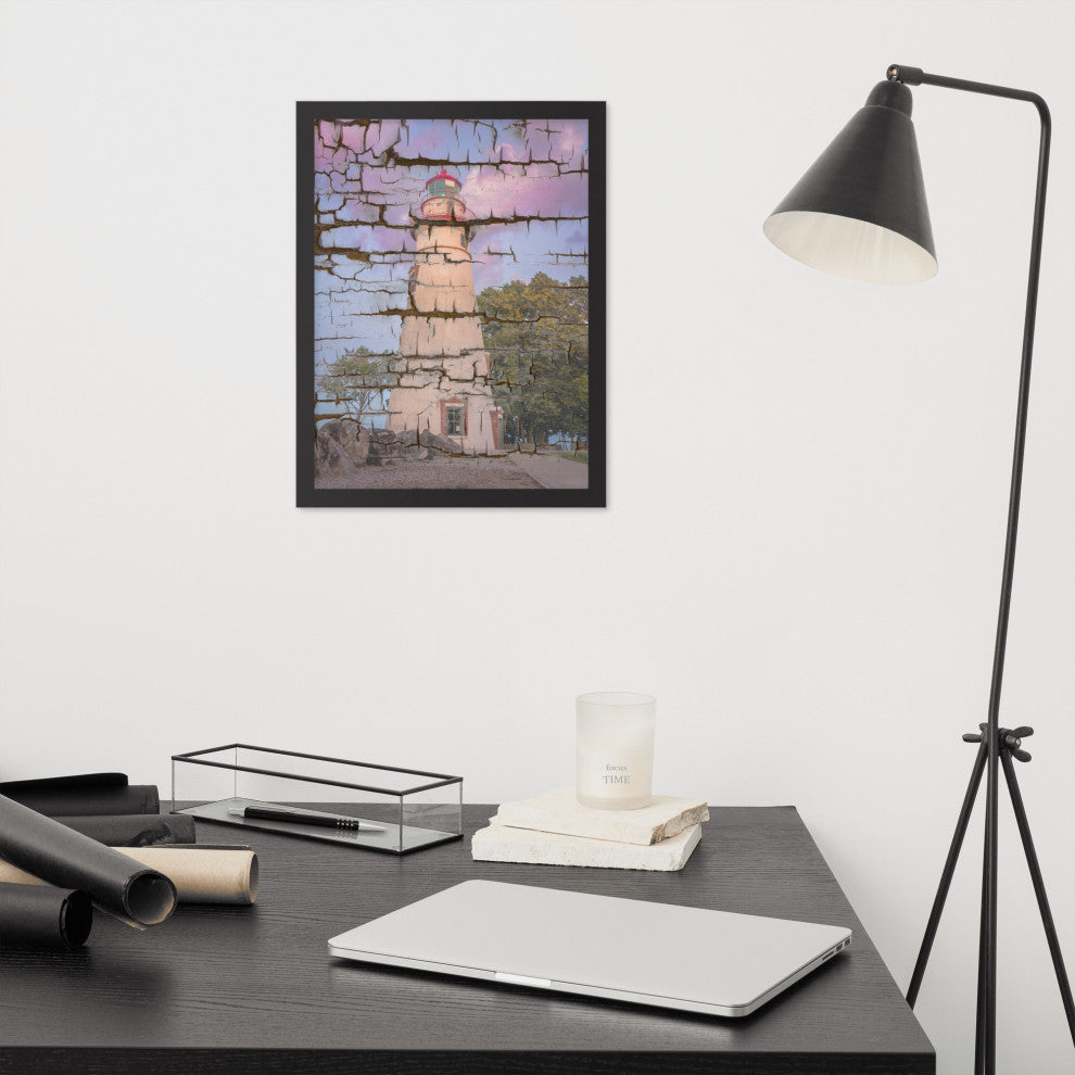 Faux Wood Texture Marblehead Lighthouse at Sunset Framed Photo Wall Art Print, Black, 12" X 16"