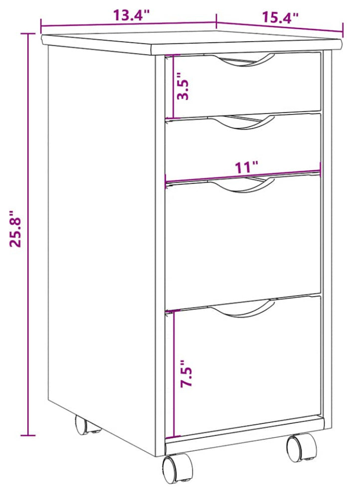 vidaXL MOSS 4-Drawer Chest with Wheels, Solid Pinewood, Honey Brown