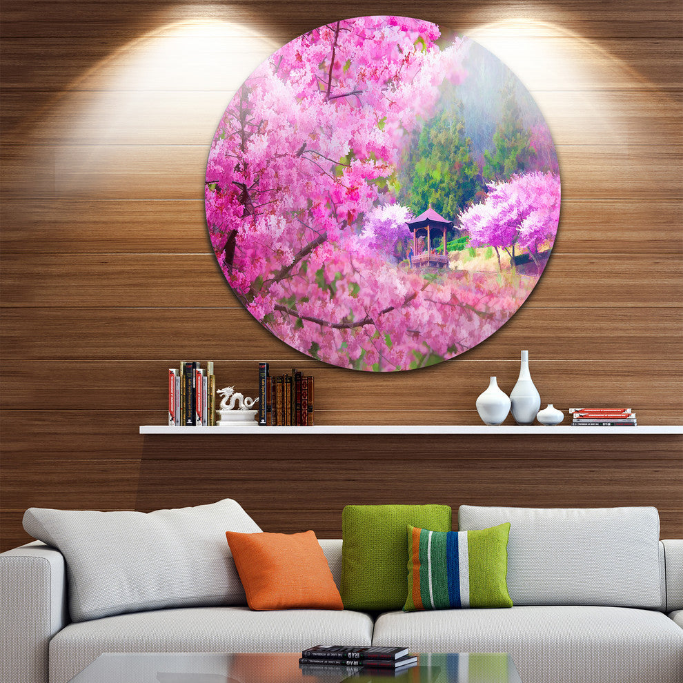 Japanese Cherry Flowers, Floral Round Metal Wall Art, 11"