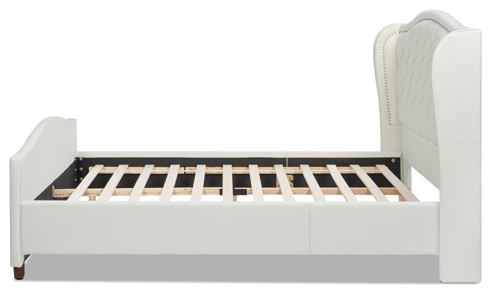Fontana Wingback Upholstered Platform Bed Frame, Antique White Polyester, Queen