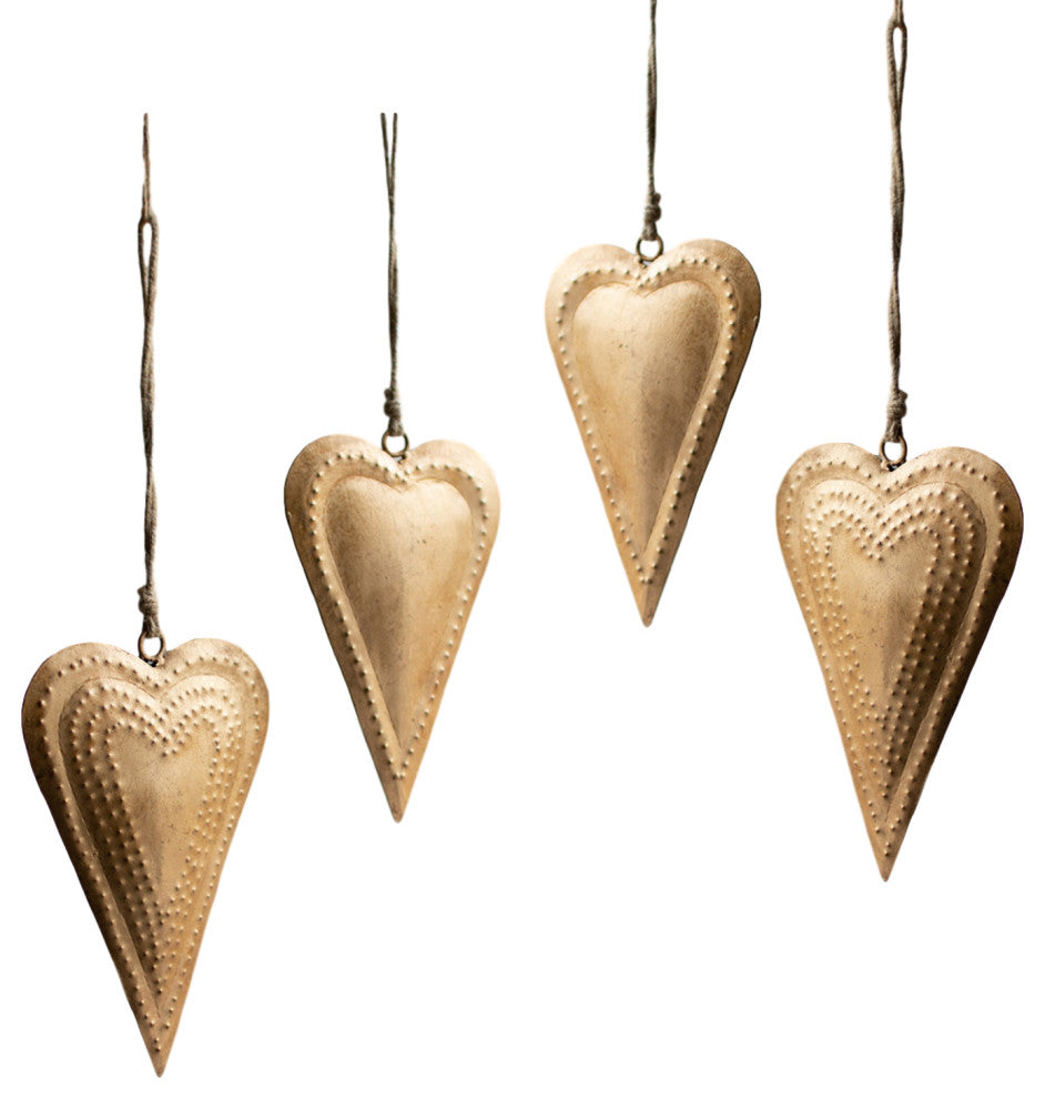 Antiqued Brass Hanging Hearts Pressed Metal Romantic Love, 4-Piece Set