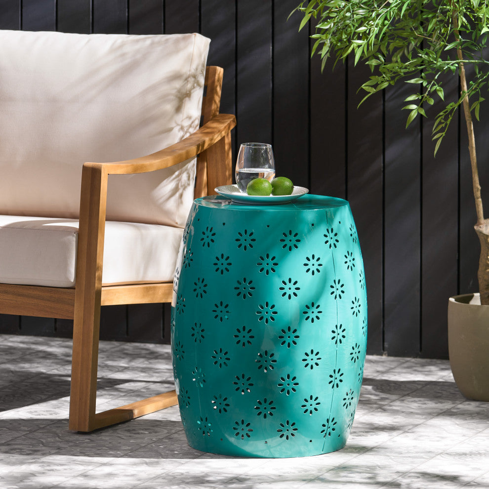 GDF Studio Breeze Outdoor 15" Iron Side Table, Teal