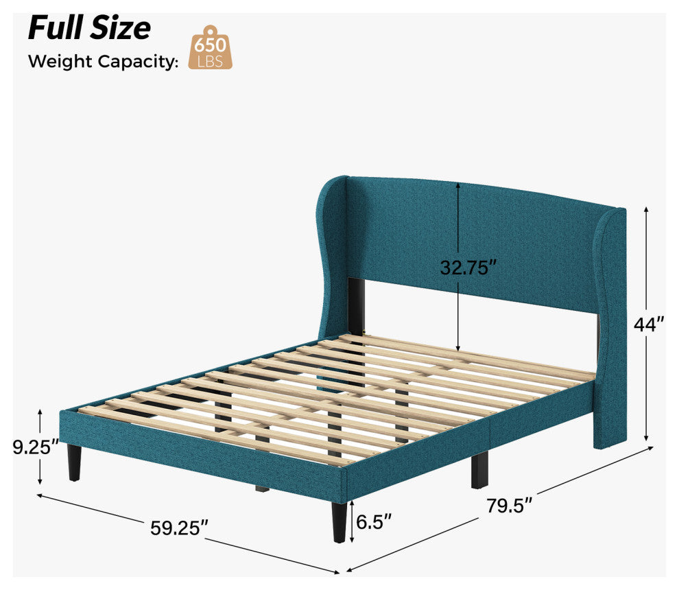 Upholstered Wingback Platform Bed, Full, Turquoise