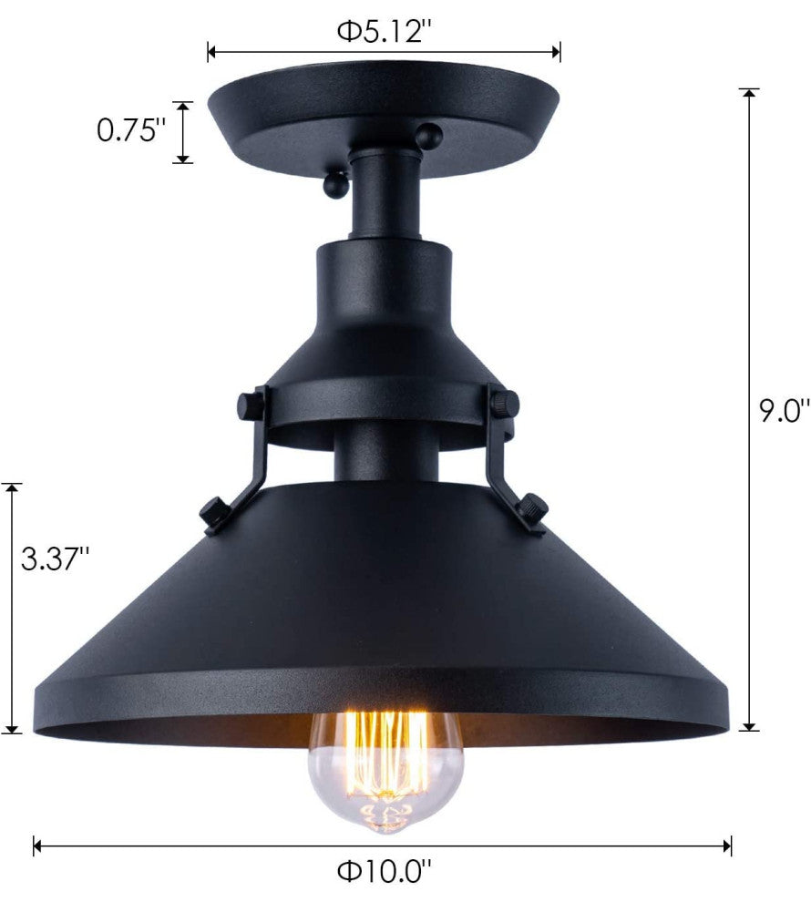 Industrial Close to Ceiling Light, Vintage Matte Black Metal, Semi Flush Mount