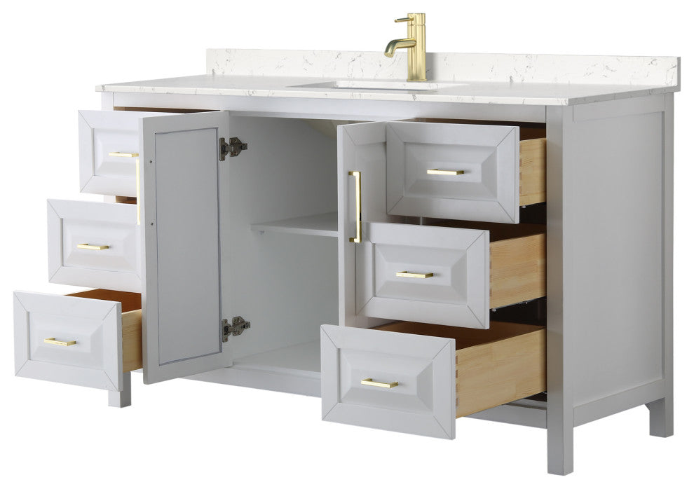60" Single Vanity White, Light-Vein Carrara Cult Marble Counter, Sink, Gold Trim