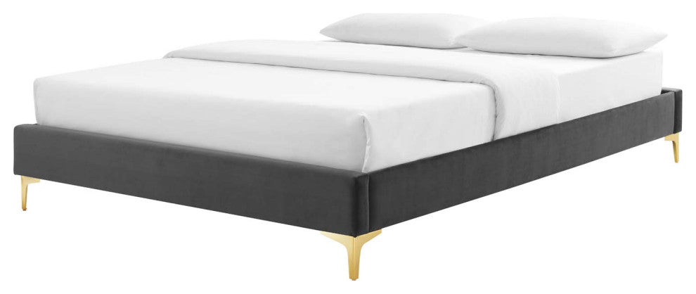 Platform Bed Frame, Twin Size, Velvet, Dark Grey Gray, Modern Contemporary