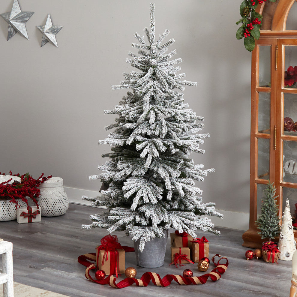 6' Flocked Long Vermont Pine Faux Xmas Tree W/758 Bendable Branches & 250 Lights