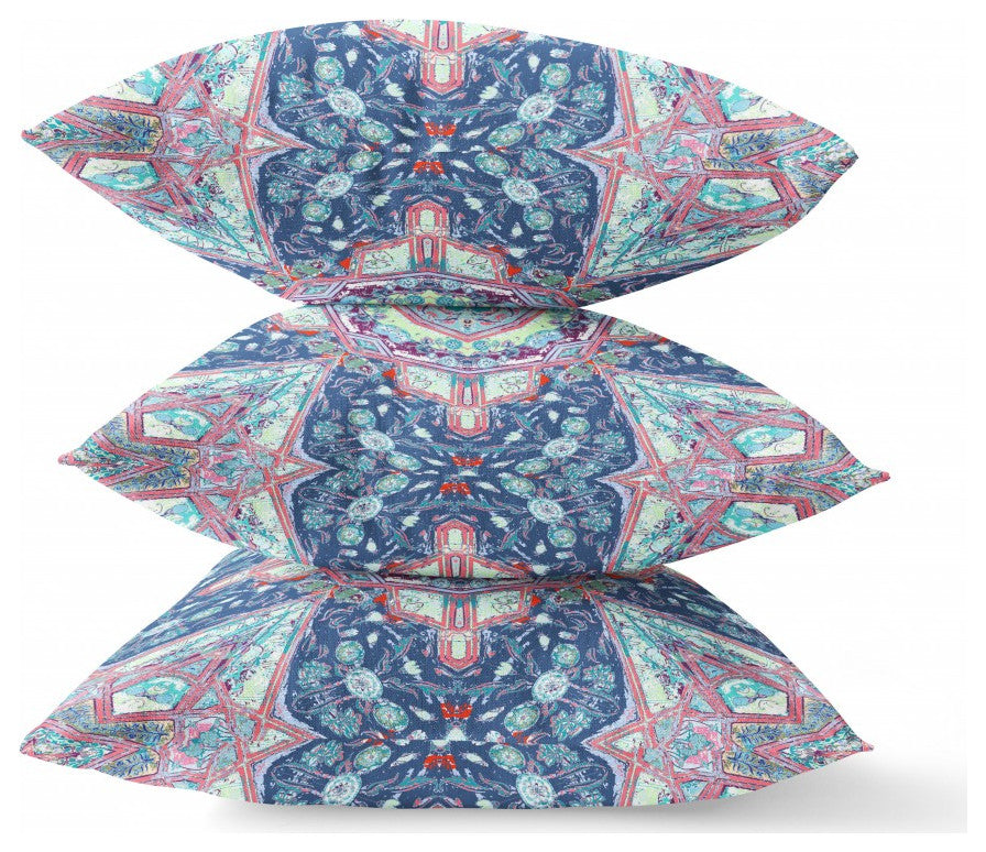 20" Light Blue Pink Floral Geometric Suede Throw Pillow