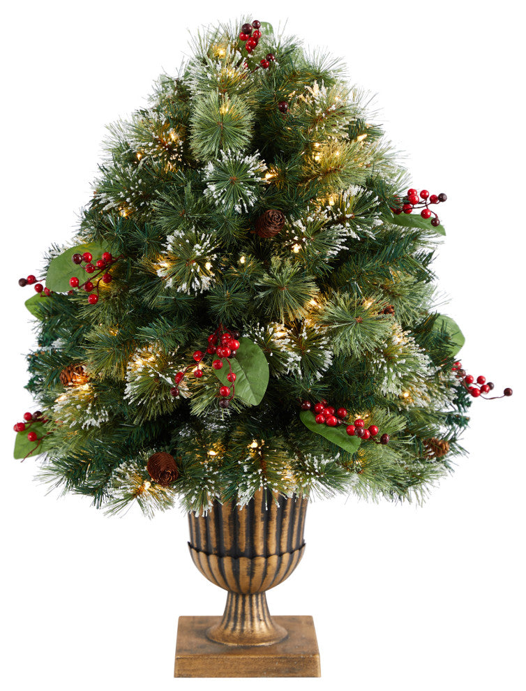 3' Holiday Pre-Lit Snow Tip Greenery, Berries and Pinecones Christmas Plant