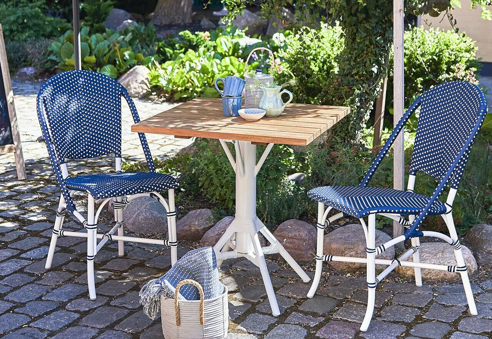 Nicole Outdoor Cafe Table, White Base, 28" Square Teak Top