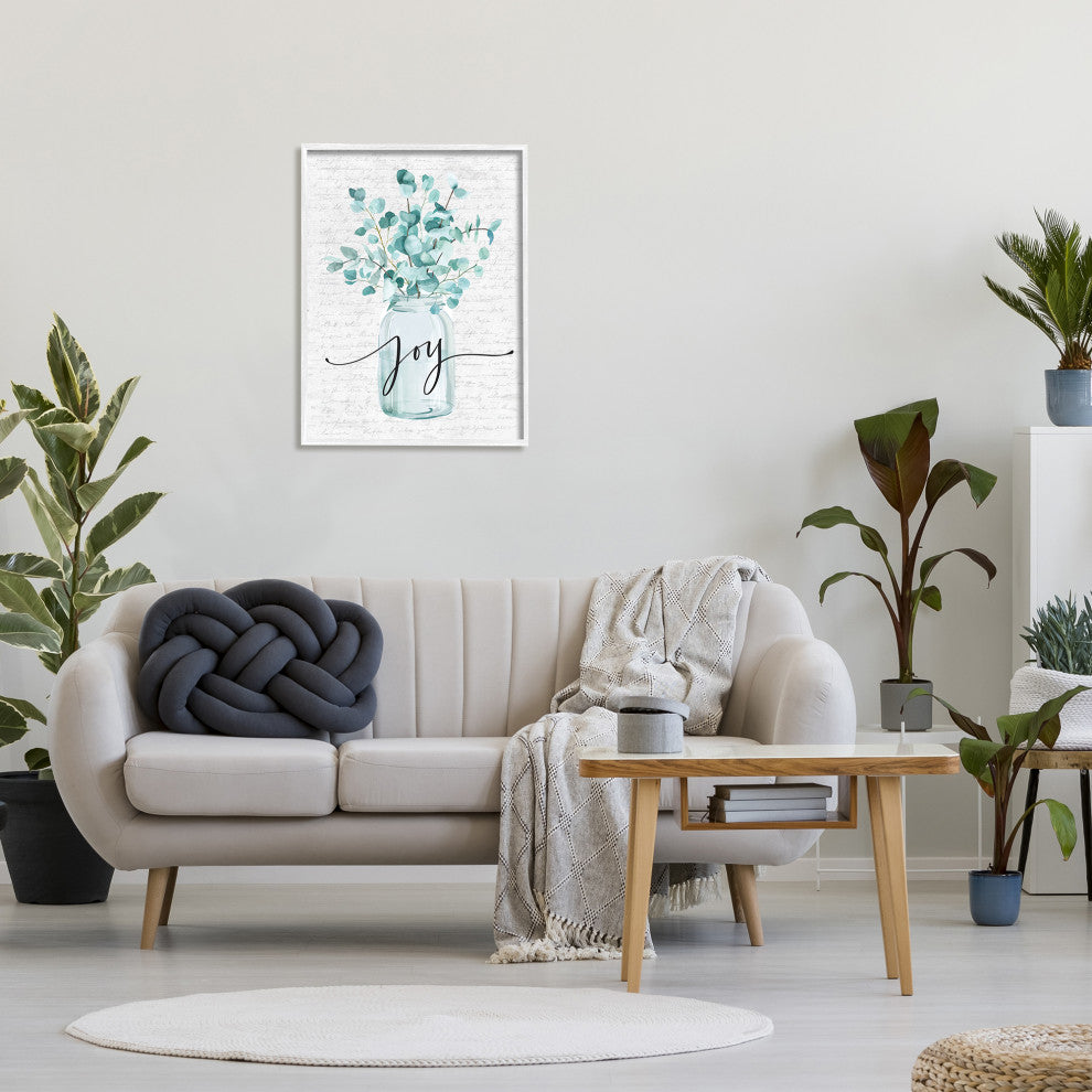 Aqua Blue Plant Leaves In Jar Joy Text Design, 24 x 30