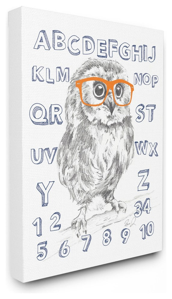 The Kids Room Sketch Alphabet Studious Owl Drawing Canvas Wall Art, 16"x20"