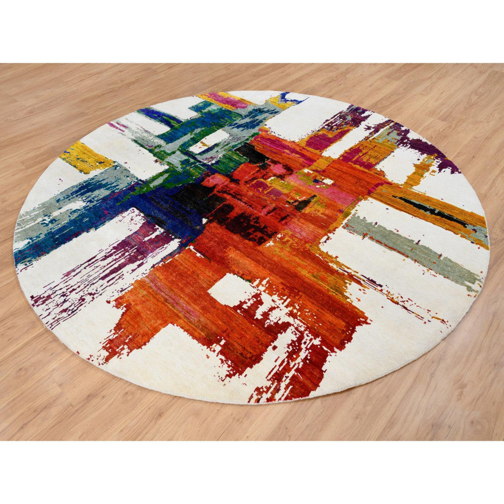 Colorful Wool and Silk Hand Knotted Modern Abstract Motifs Round Rug, 8'9"x8'9"