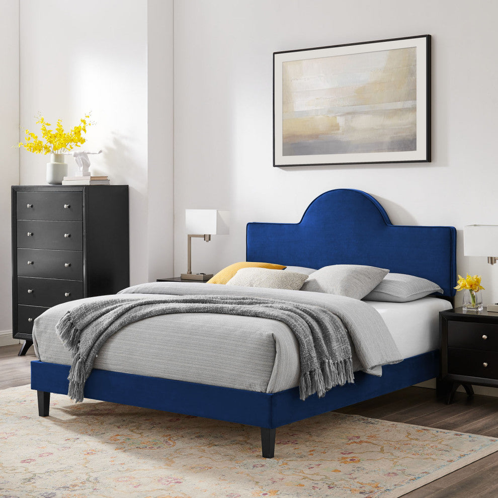 Platform Bed Frame, King Size, Blue Navy, Velvet, Modern, Bedroom Guest Suite