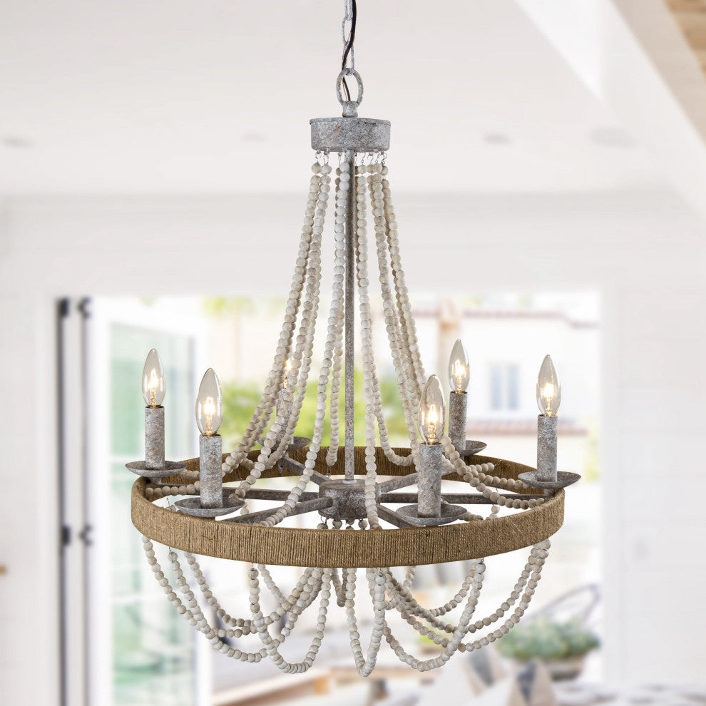 23.6 in Farmhouse 6-Light Wooden Beaded Candle Chandelier