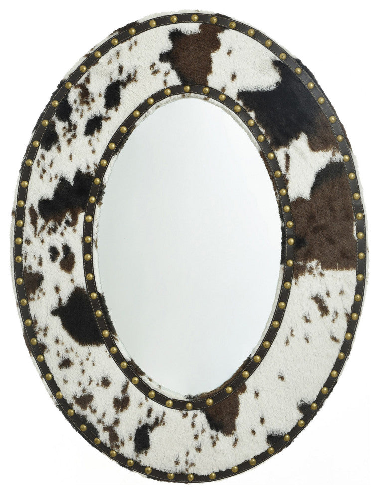 Cow Hide Mirror Faux Animal Printed With Hammer Nail Trim